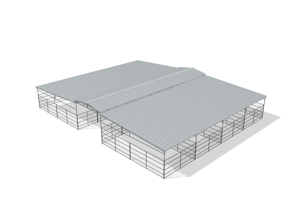 8-stall center aisle mare motel, 12 by 24 ft stalls, 12 ft aisle, Welded wire 5 ft, full roof, bare metal.