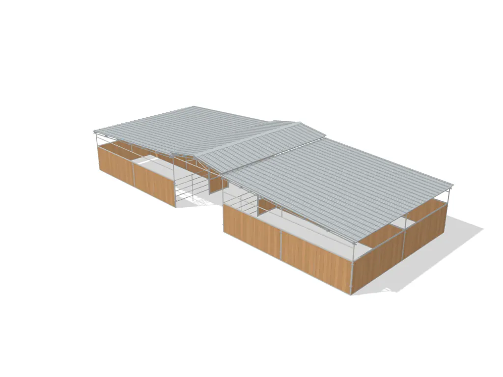 4-stall center aisle mare motel, 12 by 24 ft stalls, 12 ft aisle, Heritage wood board, full roof, dapple grey.