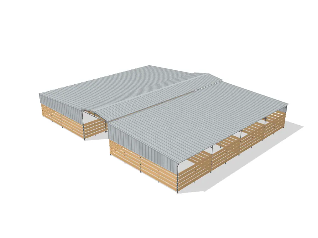 8-stall center aisle mare motel, 12 by 24 ft stalls, 12 ft aisle, Wood insert + PBR siding, full roof, bare metal.