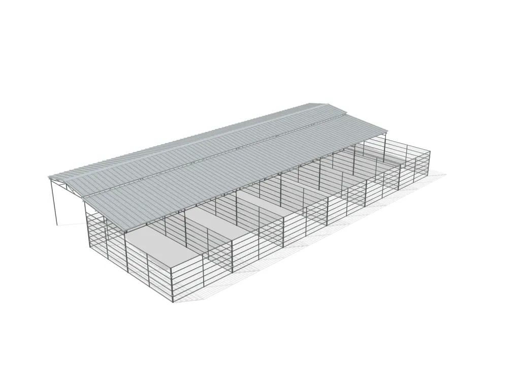 6-stall shed row mare motel, 12 by 24 ft stalls, 12 ft aisle, Welded wire 6 ft, partially covered with open rear runs, bare metal.
