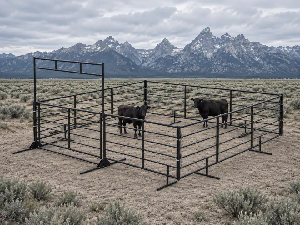 Cattle inside a dark steel corral with freestanding feet and a walk-through gate below the Teton mountains