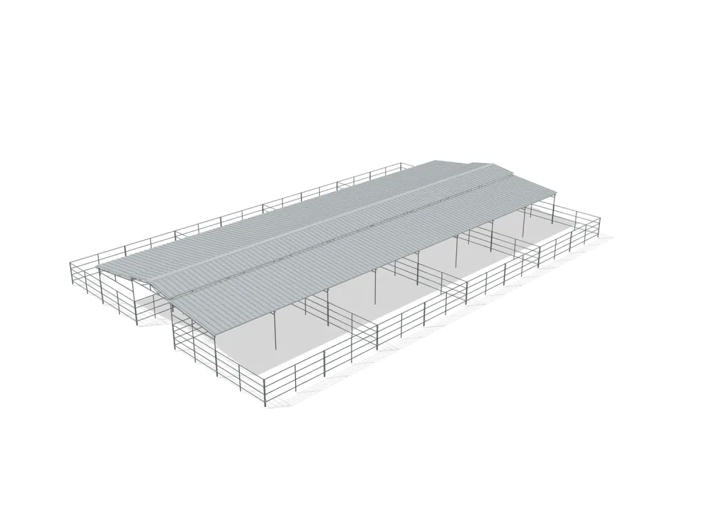8-stall center aisle mare motel, 24 by 24 ft stalls, 12 ft aisle, 4 rail, partially covered with open rear runs, bare metal.