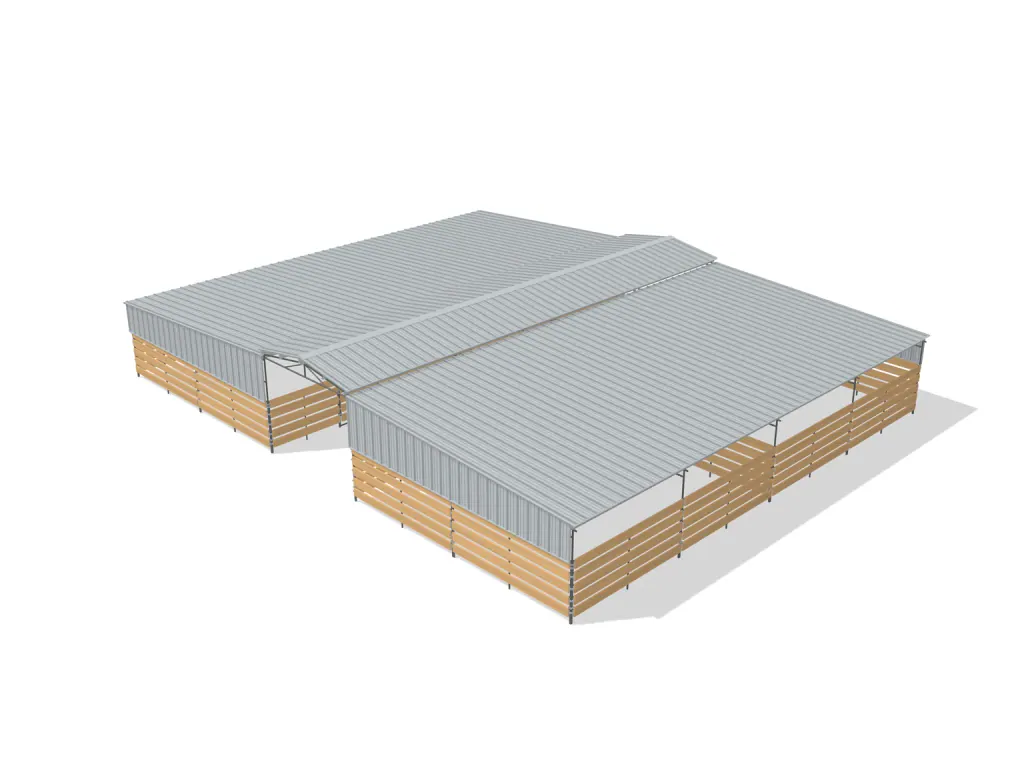 4-stall center aisle mare motel, 24 by 24 ft stalls, 12 ft aisle, Wood insert + PBR siding, full roof, bare metal.
