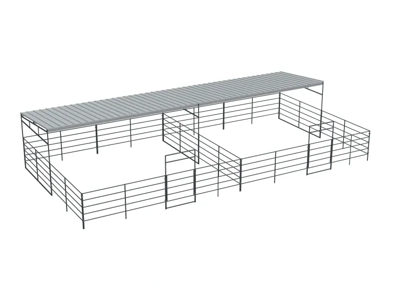 2-Stall 24x24, 5-Rail, Half Covered, Sloped Roof