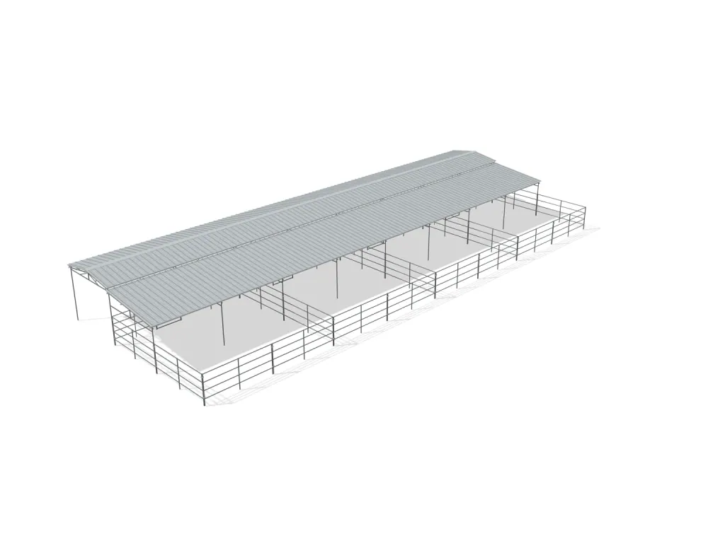 4-stall shed row mare motel, 24 by 24 ft stalls, 12 ft aisle, 4 rail, partially covered with open rear runs, bare metal.