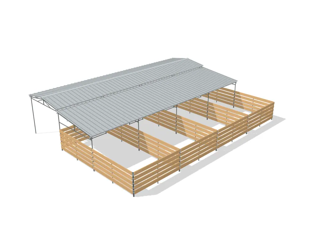 4-stall shed row mare motel, 12 by 24 ft stalls, 12 ft aisle, Wood insert, partially covered with open rear runs, bare metal.