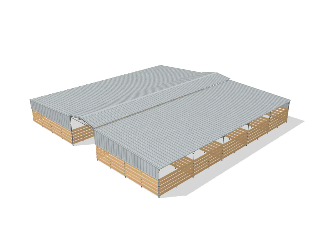 10-stall center aisle mare motel, 12 by 24 ft stalls, 12 ft aisle, Wood insert + PBR siding, full roof, bare metal.