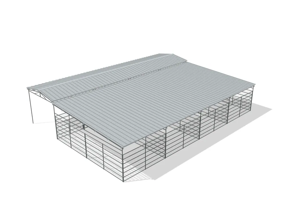 4-stall shed row mare motel, 12 by 24 ft stalls, 12 ft aisle, Welded wire 6 ft, full roof, bare metal.