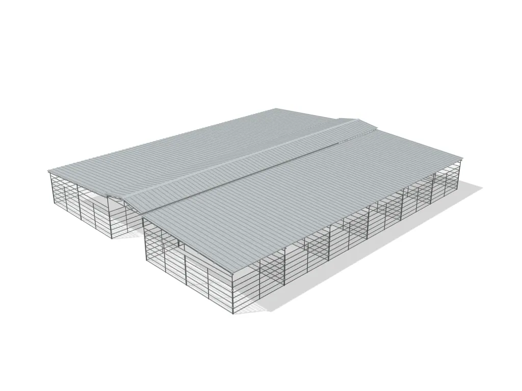 12-stall center aisle mare motel, 12 by 24 ft stalls, 12 ft aisle, Welded wire 6 ft, full roof, bare metal.