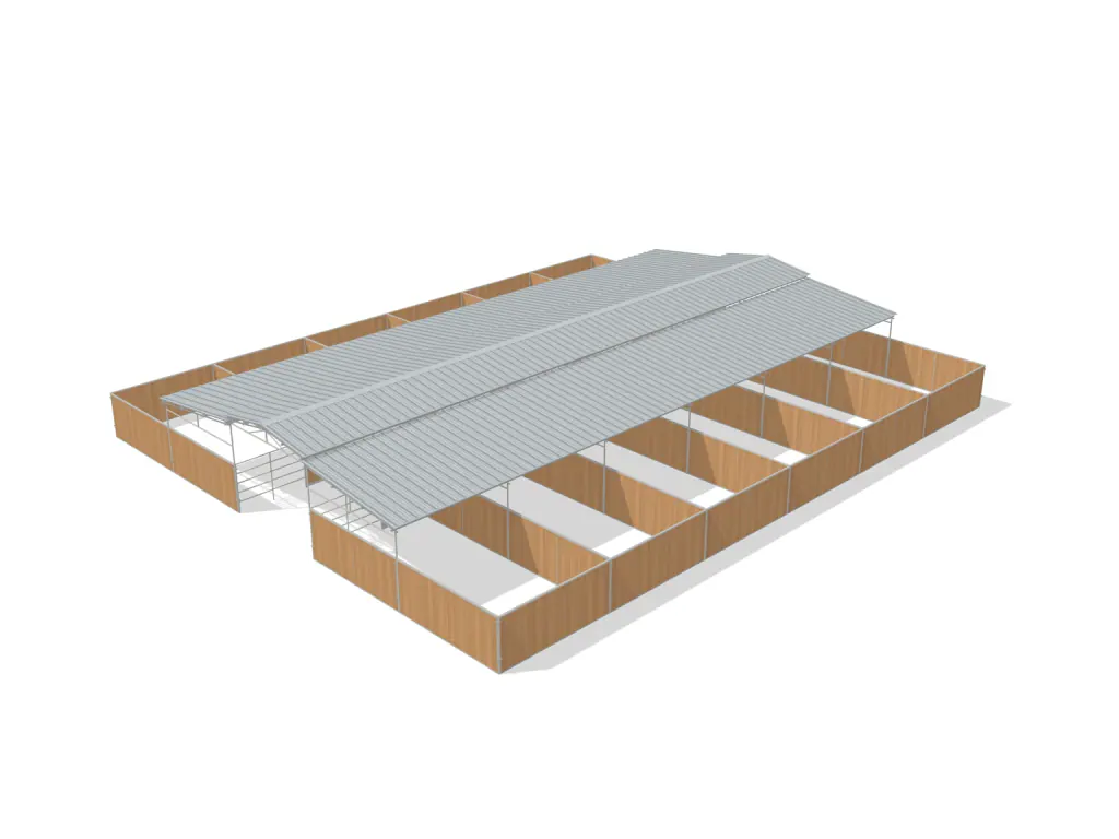 12-stall center aisle mare motel, 12 by 24 ft stalls, 12 ft aisle, Heritage wood board, partially covered with open rear runs, dapple grey.
