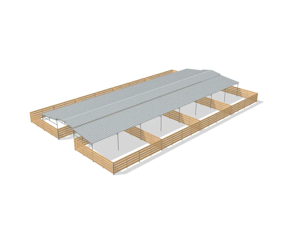 8-stall center aisle mare motel, 24 by 24 ft stalls, 12 ft aisle, Wood insert, partially covered with open rear runs, bare metal.
