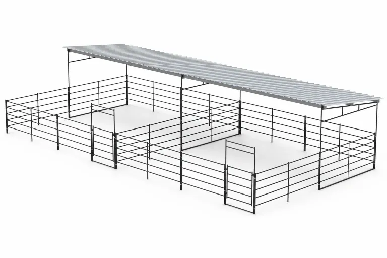 Two 24x24 Stalls 5-Rail Side by Side, Two 12x24 Covers
