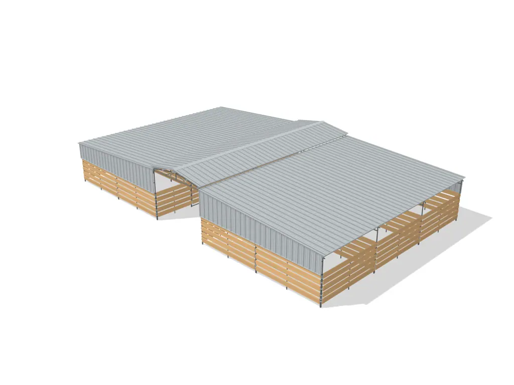 6-stall center aisle mare motel, 12 by 24 ft stalls, 12 ft aisle, Wood insert + PBR siding, full roof, bare metal.