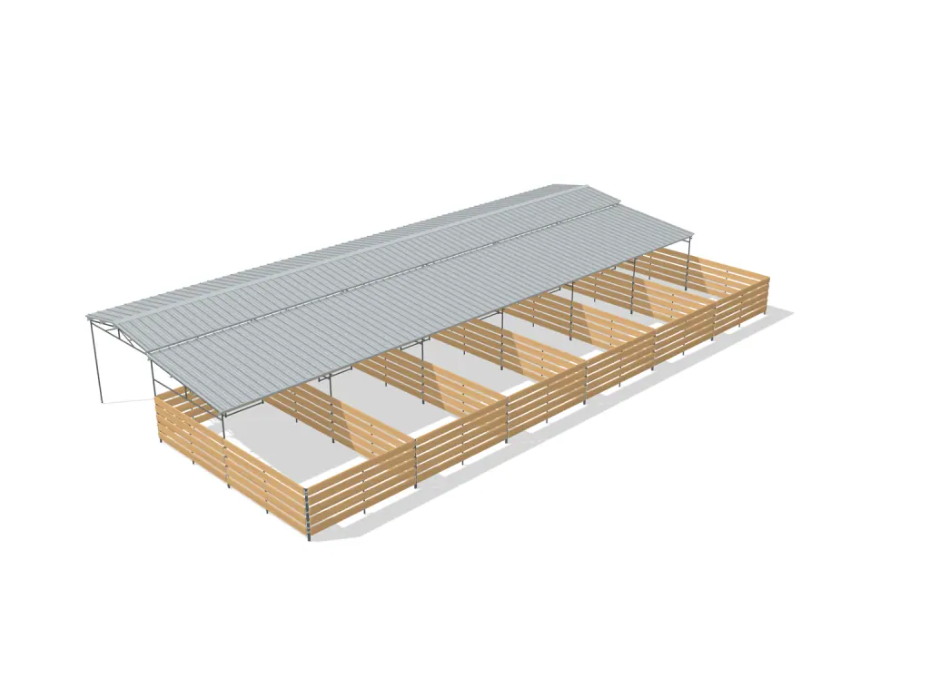 6-stall shed row mare motel, 12 by 24 ft stalls, 12 ft aisle, Wood insert, partially covered with open rear runs, bare metal.