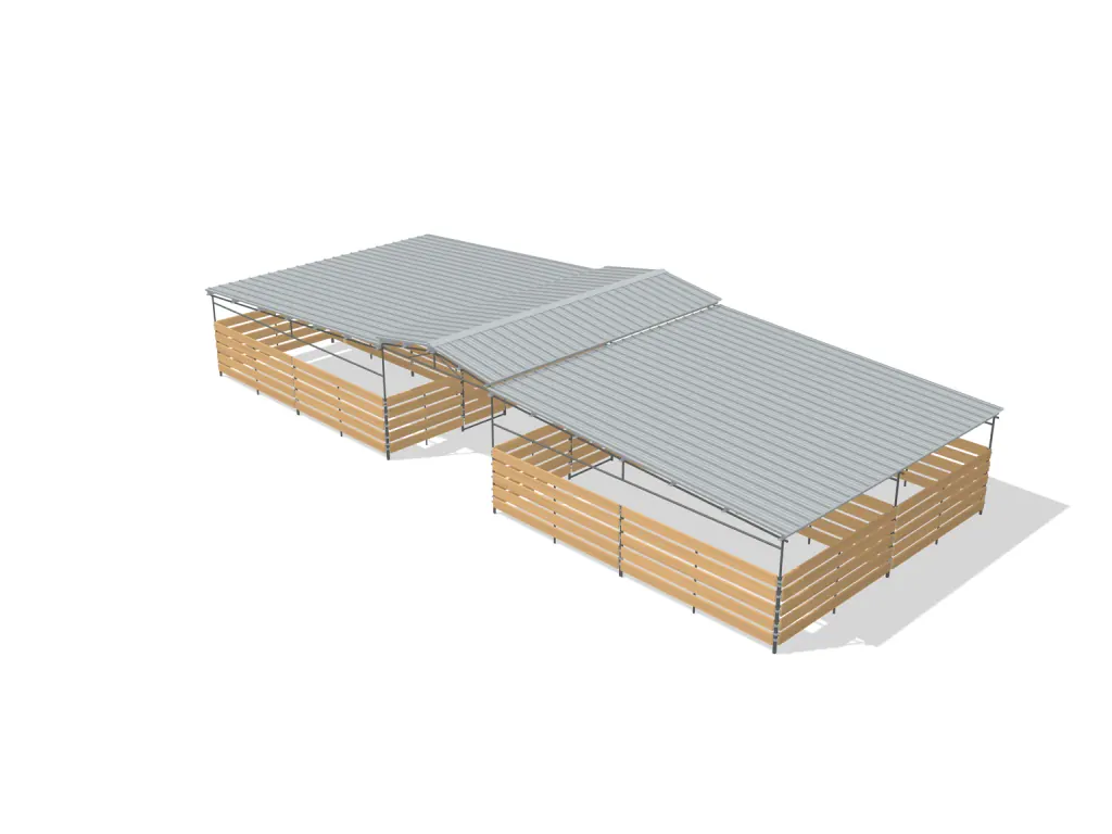 4-stall center aisle mare motel, 12 by 24 ft stalls, 12 ft aisle, Wood insert, full roof, bare metal.