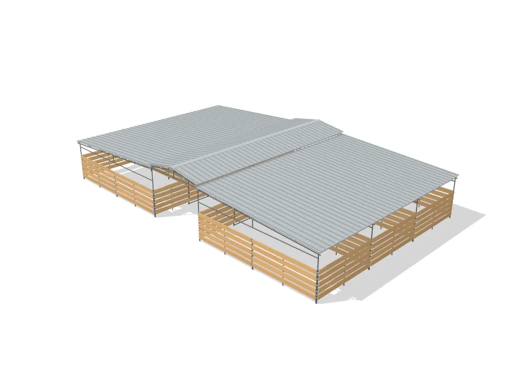 6-stall center aisle mare motel, 12 by 24 ft stalls, 12 ft aisle, Wood insert, full roof, bare metal.