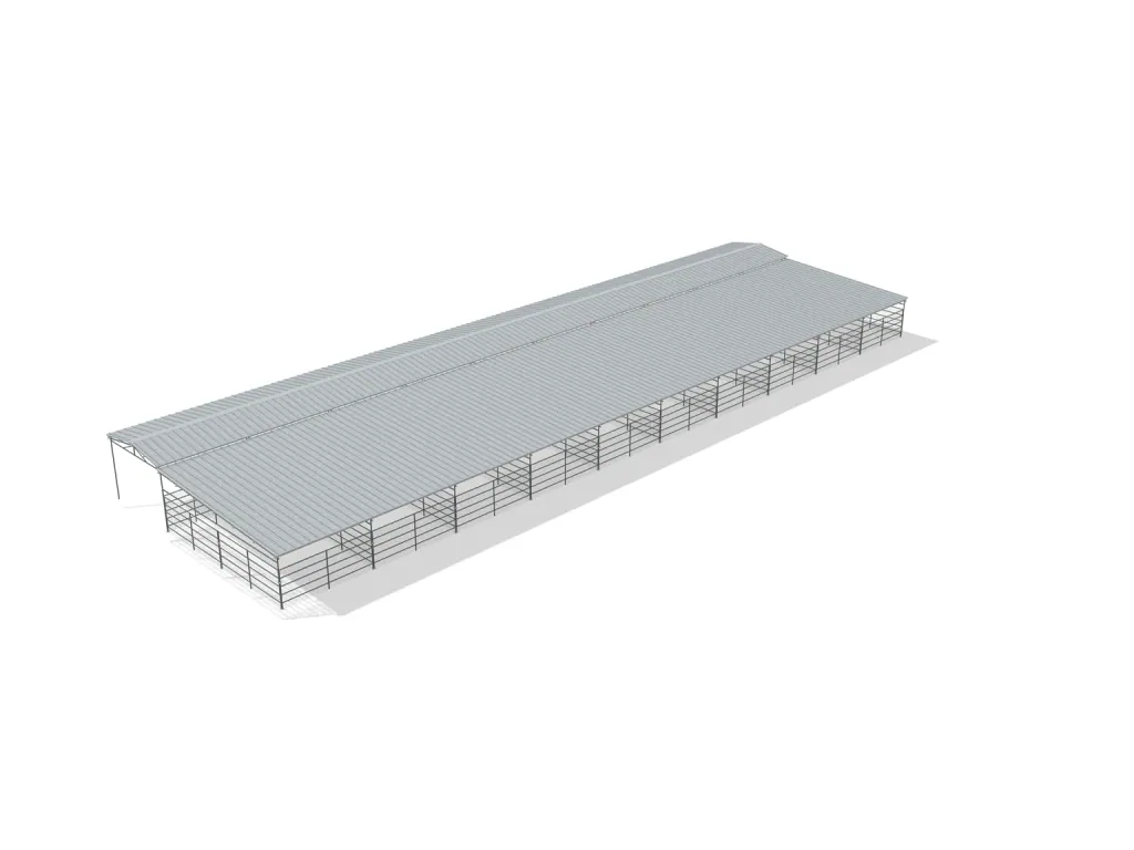 10-stall shed row mare motel, 12 by 24 ft stalls, 12 ft aisle, Welded wire 6 ft, full roof, bare metal.