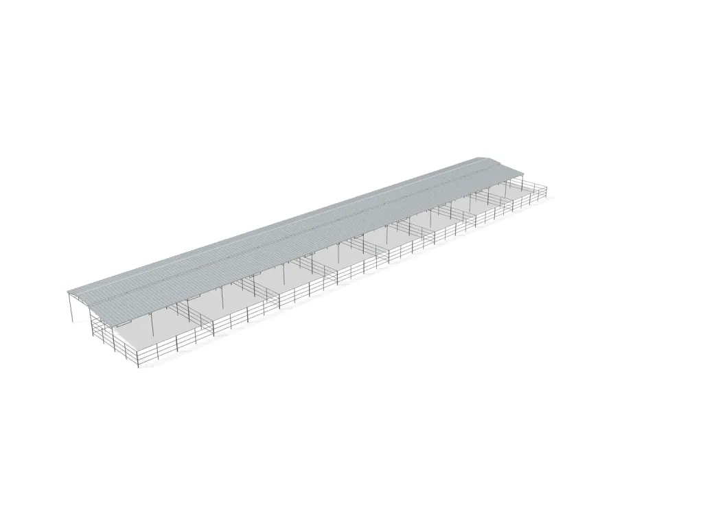 8-stall shed row mare motel, 24 by 24 ft stalls, 12 ft aisle, 4 rail, partially covered with open rear runs, bare metal.