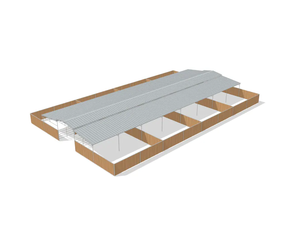 8-stall center aisle mare motel, 24 by 24 ft stalls, 12 ft aisle, Heritage wood board, partially covered with open rear runs, dapple grey.