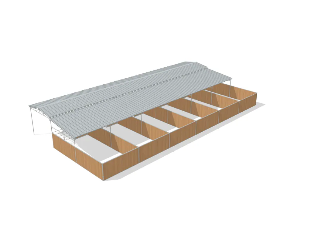 6-stall shed row mare motel, 12 by 24 ft stalls, 12 ft aisle, Heritage wood board, partially covered with open rear runs, dapple grey.