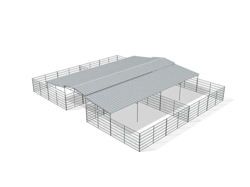 4-stall center aisle mare motel, 24 by 24 ft stalls, 12 ft aisle, Welded wire 6 ft, partially covered with open rear runs, bare metal.