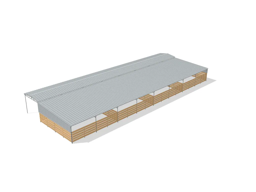 4-stall shed row mare motel, 24 by 24 ft stalls, 12 ft aisle, Wood insert + PBR siding, full roof, bare metal.