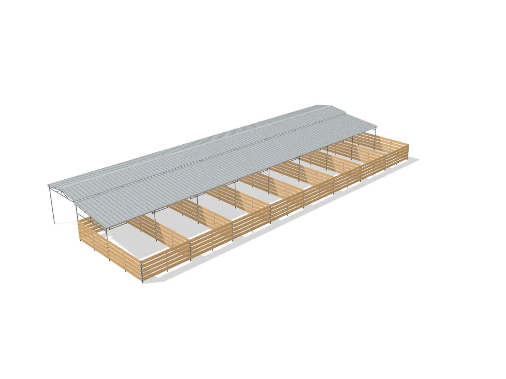 8-stall shed row mare motel, 12 by 24 ft stalls, 12 ft aisle, Wood insert, partially covered with open rear runs, bare metal.