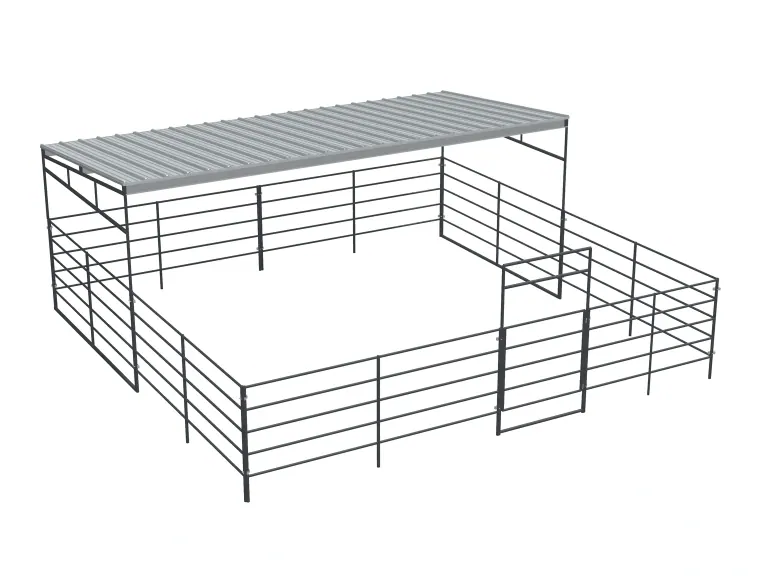 1-Stall 24x24, 5-Rail, Half Covered, Sloped Roof