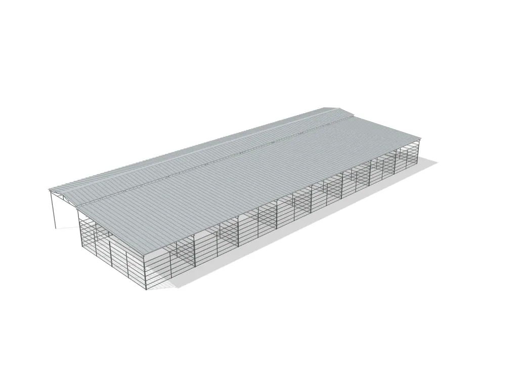 8-stall shed row mare motel, 12 by 24 ft stalls, 12 ft aisle, Welded wire 6 ft, full roof, bare metal.