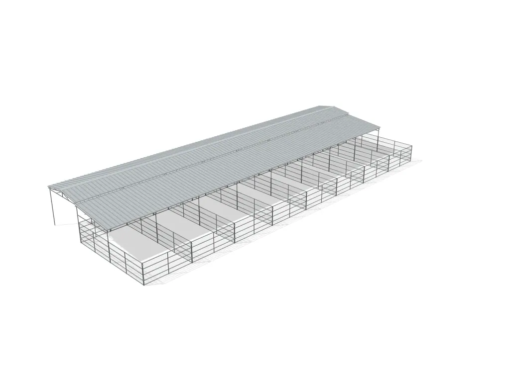 8-stall shed row mare motel, 12 by 24 ft stalls, 12 ft aisle, Welded wire 5 ft, partially covered with open rear runs, bare metal.