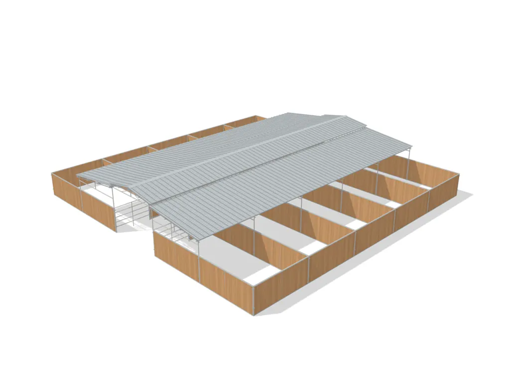 10-stall center aisle mare motel, 12 by 24 ft stalls, 12 ft aisle, Heritage wood board, partially covered with open rear runs, dapple grey.