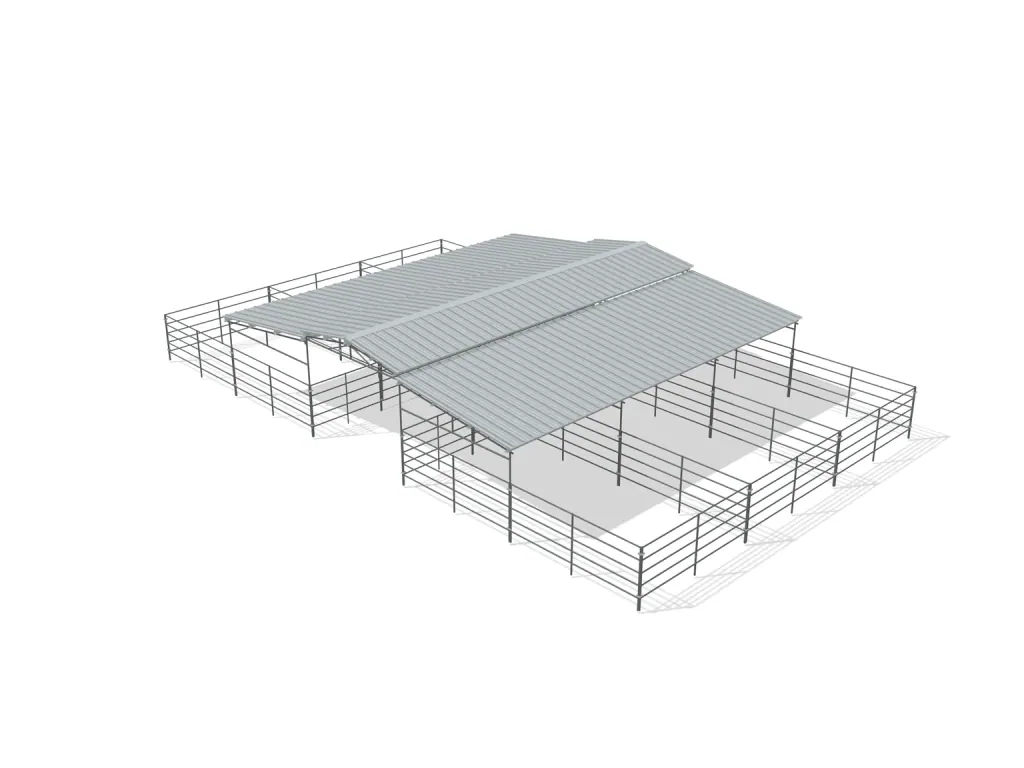 6-stall center aisle mare motel, 12 by 24 ft stalls, 12 ft aisle, 5 rail, partially covered with open rear runs, bare metal.