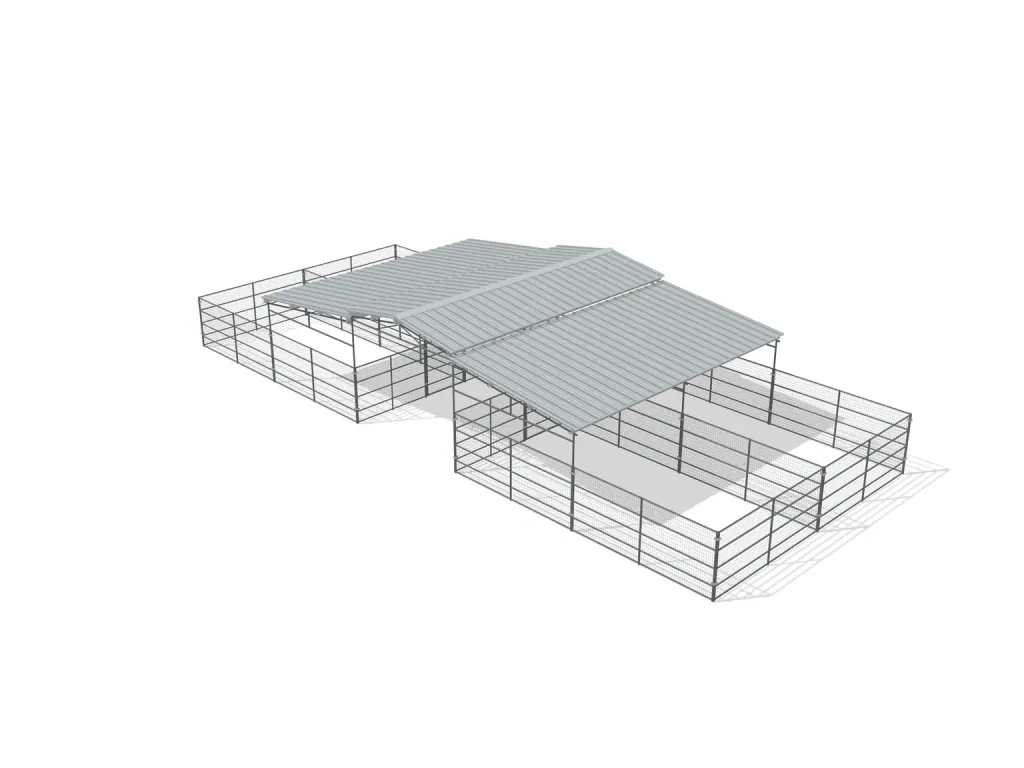 4-stall center aisle mare motel, 12 by 24 ft stalls, 12 ft aisle, Welded wire 5 ft, partially covered with open rear runs, bare metal.