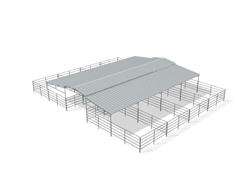 8-stall center aisle mare motel, 12 by 24 ft stalls, 12 ft aisle, 5 rail, partially covered with open rear runs, bare metal.