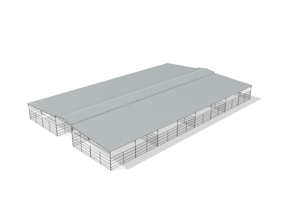 8-stall center aisle mare motel, 24 by 24 ft stalls, 12 ft aisle, Welded wire 5 ft, full roof, bare metal.