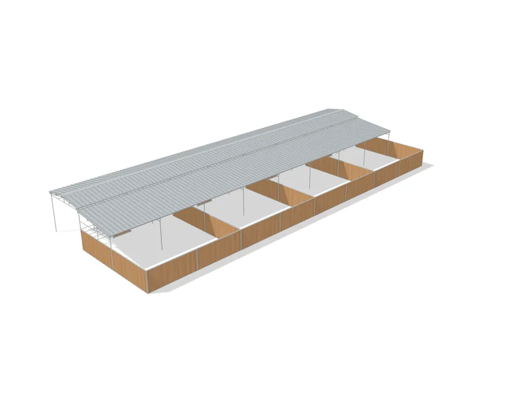 4-stall shed row mare motel, 24 by 24 ft stalls, 12 ft aisle, Heritage wood board, partially covered with open rear runs, dapple grey.