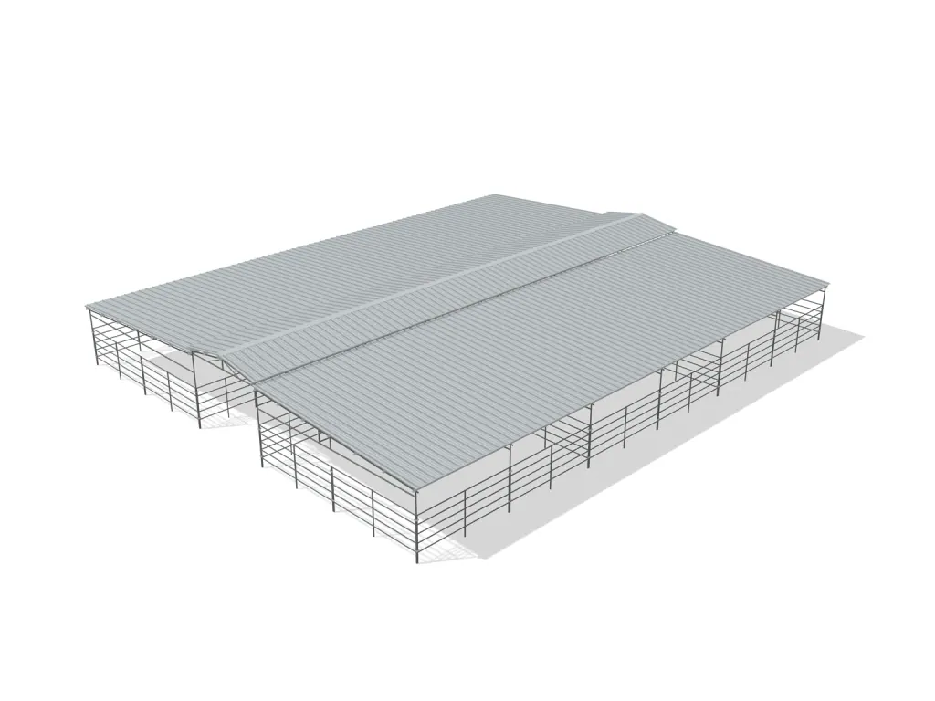 6-stall center aisle mare motel, 24 by 24 ft stalls, 12 ft aisle, 5 rail, full roof, bare metal.