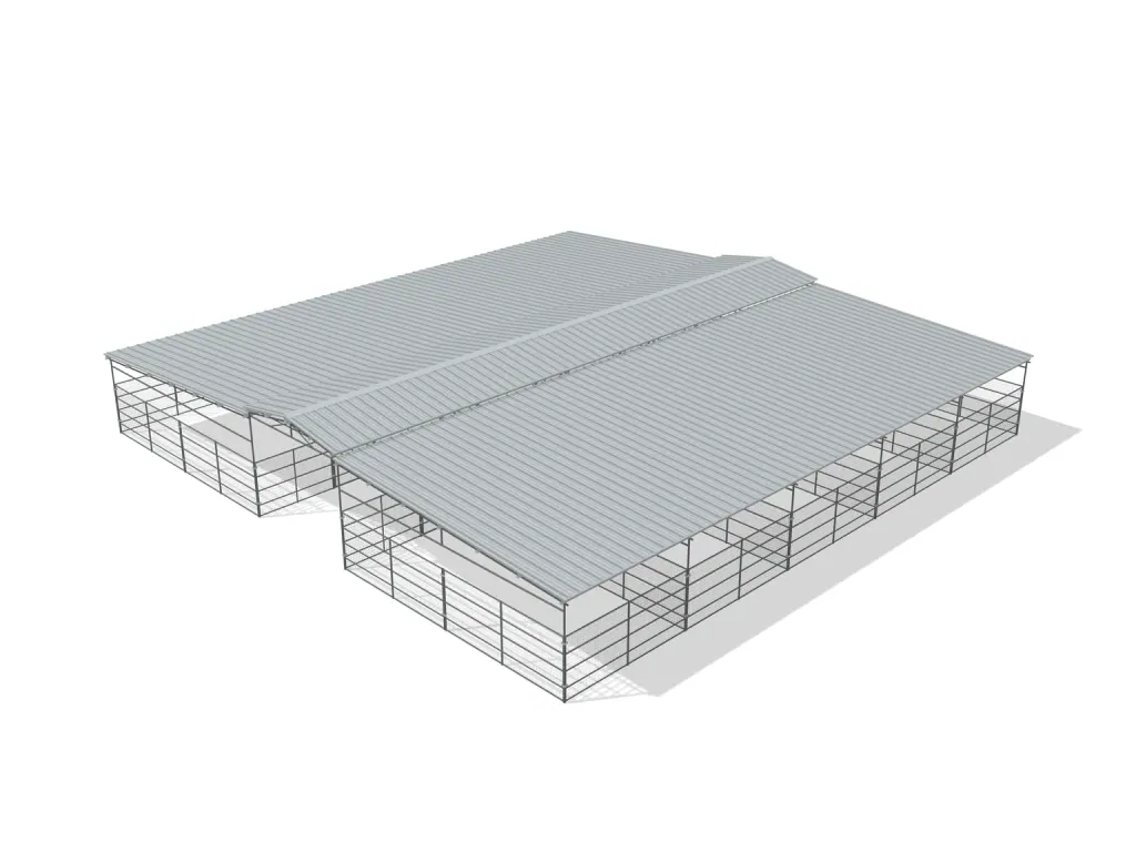 10-stall center aisle mare motel, 12 by 24 ft stalls, 12 ft aisle, Welded wire 5 ft, full roof, bare metal.