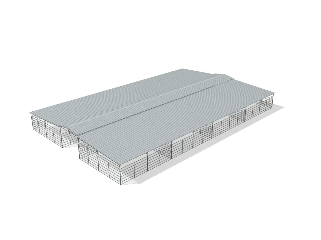 8-stall center aisle mare motel, 24 by 24 ft stalls, 12 ft aisle, Welded wire 6 ft, full roof, bare metal.