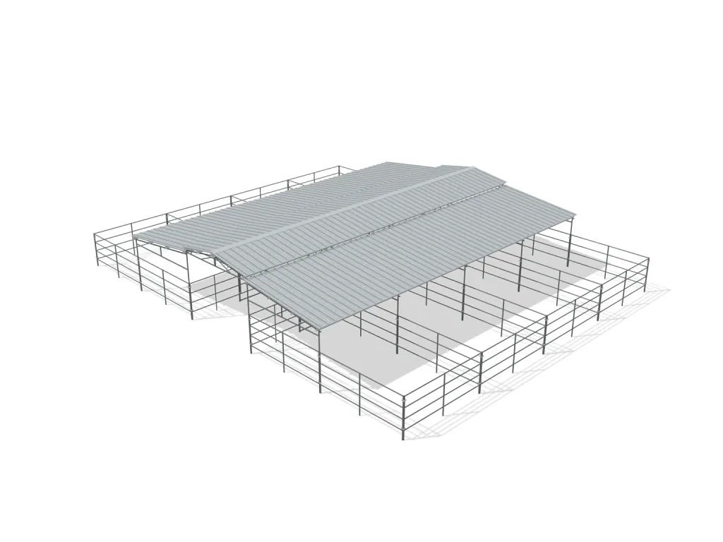 8-stall center aisle mare motel, 12 by 24 ft stalls, 12 ft aisle, 4 rail, partially covered with open rear runs, bare metal.