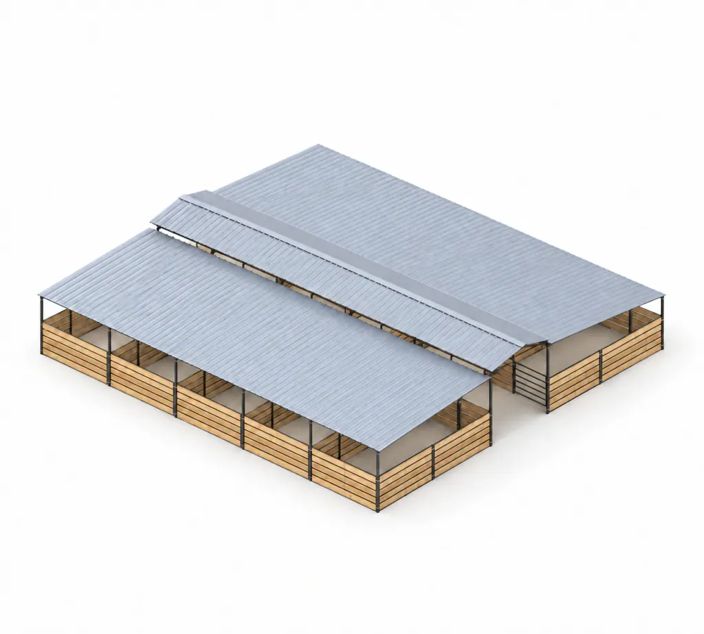 10-Stall Fully Covered Wood-Insert Mare Motel, 12x24 Stalls