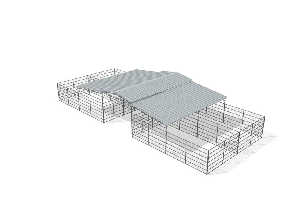 4-stall center aisle mare motel, 12 by 24 ft stalls, 12 ft aisle, Welded wire 6 ft, partially covered with open rear runs, bare metal.