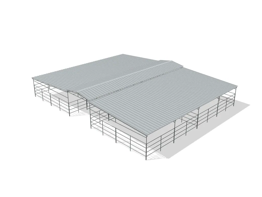 4-stall center aisle mare motel, 24 by 24 ft stalls, 12 ft aisle, 4 rail, full roof, bare metal.