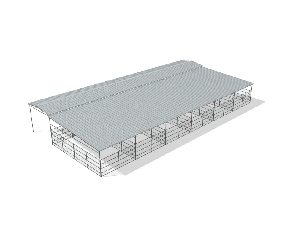 6-stall shed row mare motel, 12 by 24 ft stalls, 12 ft aisle, Welded wire 5 ft, full roof, bare metal.