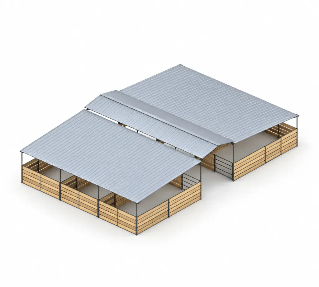 6-Stall Fully Covered Wood-Insert Mare Motel, 12x24 Stalls