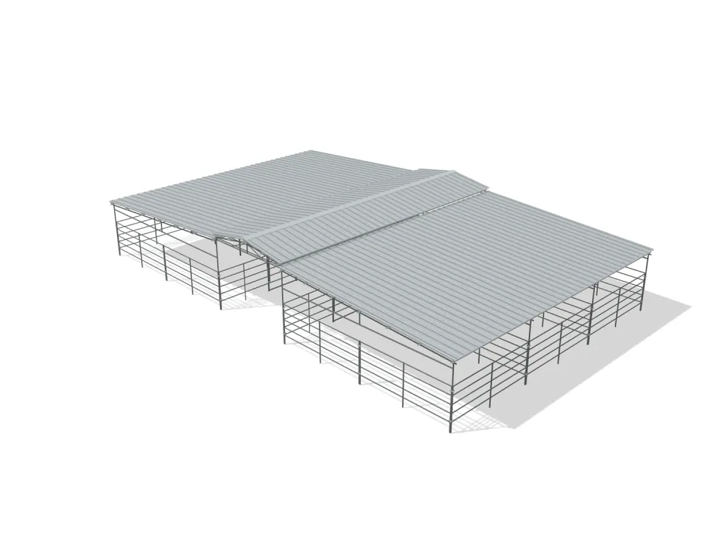 6-stall center aisle mare motel, 12 by 24 ft stalls, 12 ft aisle, 5 rail, full roof, bare metal.