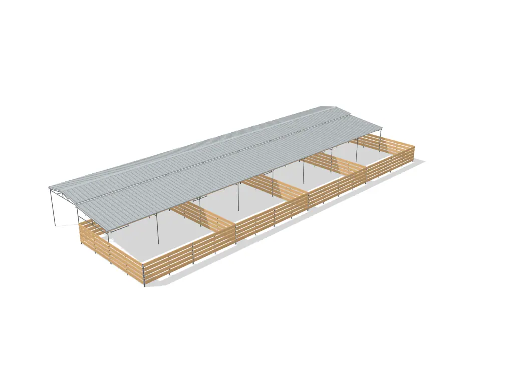 4-stall shed row mare motel, 24 by 24 ft stalls, 12 ft aisle, Wood insert, partially covered with open rear runs, bare metal.