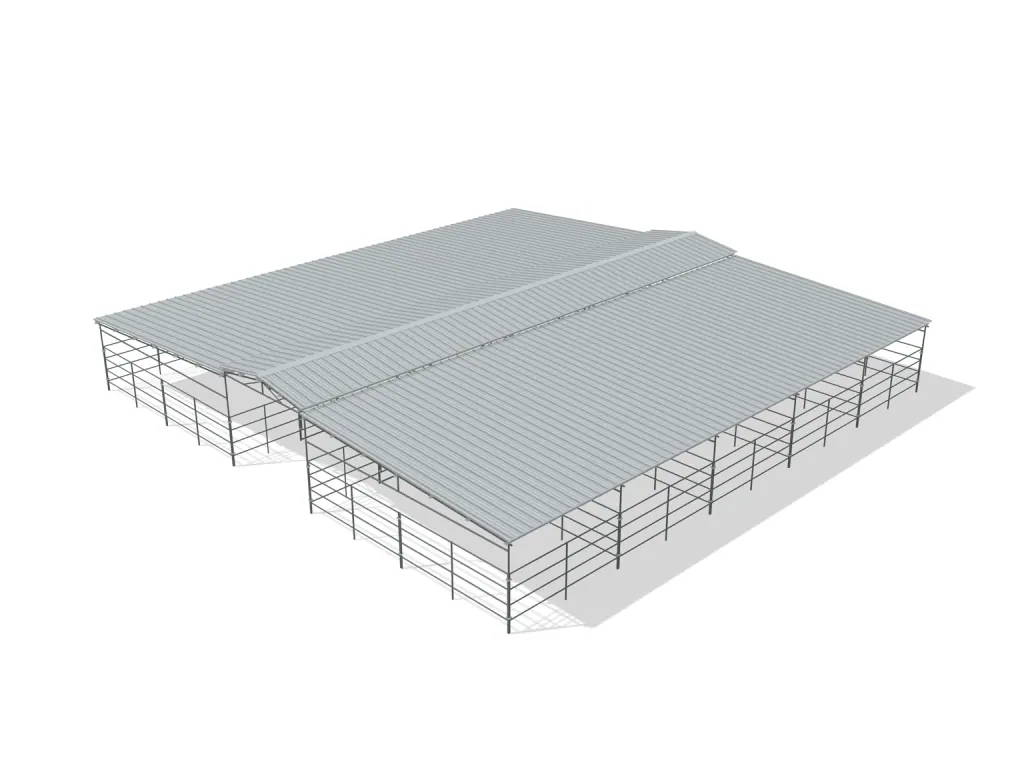 10-stall center aisle mare motel, 12 by 24 ft stalls, 12 ft aisle, 4 rail, full roof, bare metal.