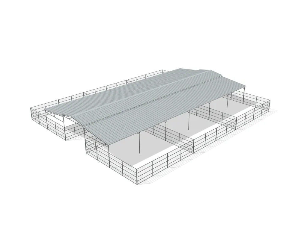 6-stall center aisle mare motel, 24 by 24 ft stalls, 12 ft aisle, Welded wire 5 ft, partially covered with open rear runs, bare metal.
