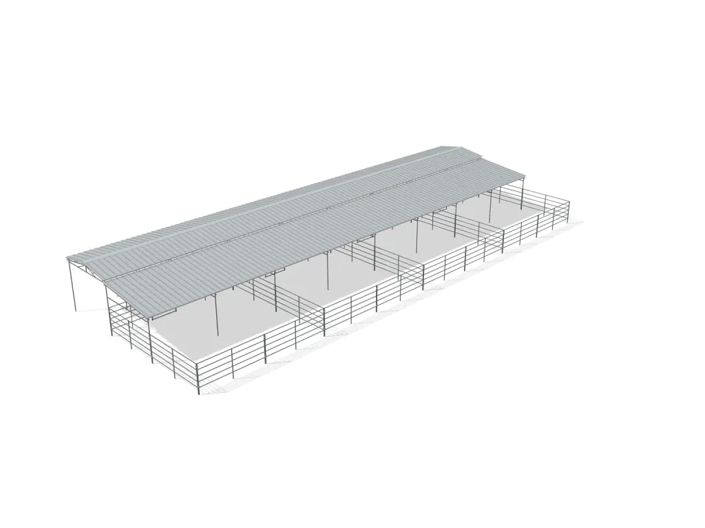 4-stall shed row mare motel, 24 by 24 ft stalls, 12 ft aisle, 5 rail, partially covered with open rear runs, bare metal.